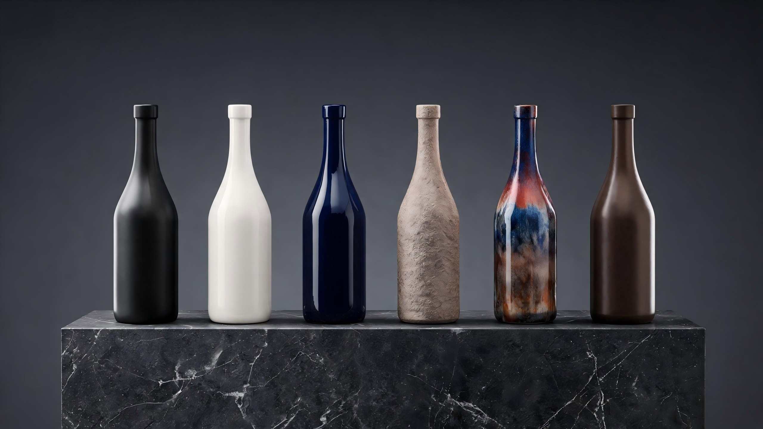A collection of bespoke ceramic spirit bottles showcasing different shapes and glazes