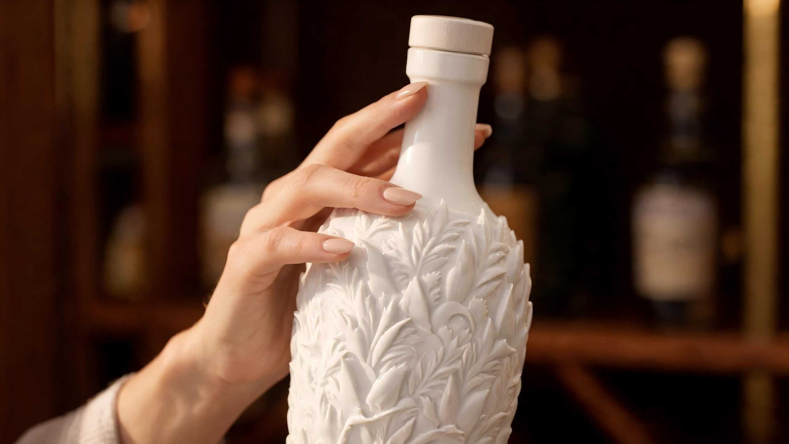 A close-up of a hand holding a textured ceramic tequila bottle